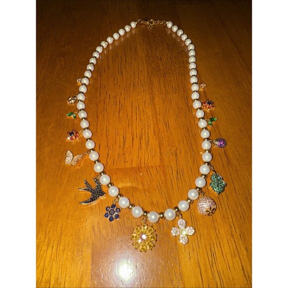 Necklace Gold Zirconia Loaded with Chunky Charms Bird Flower Leaf Beads, Pearls - Picture 3 of 9